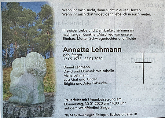 Annette Lehmann Todesanzeoige