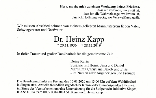 Heinz Kapp Todesanzeige